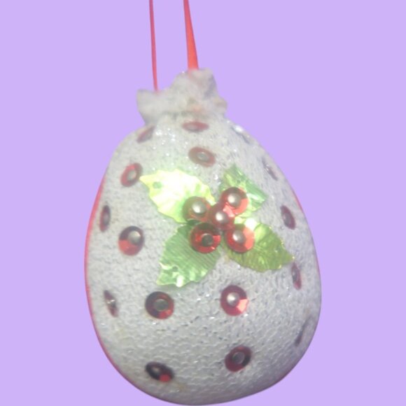 studded sequined egg mistletoe ornament in cream, red and green one size. - Picture 3 of 5